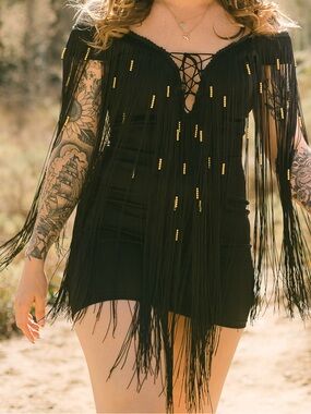 Fringe Detail Black Mini Dress with Bead Accents